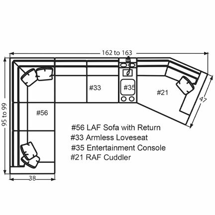 Layout K: Four Piece Sectional 95" x 162" x 47" (Size varies due to arm selection)