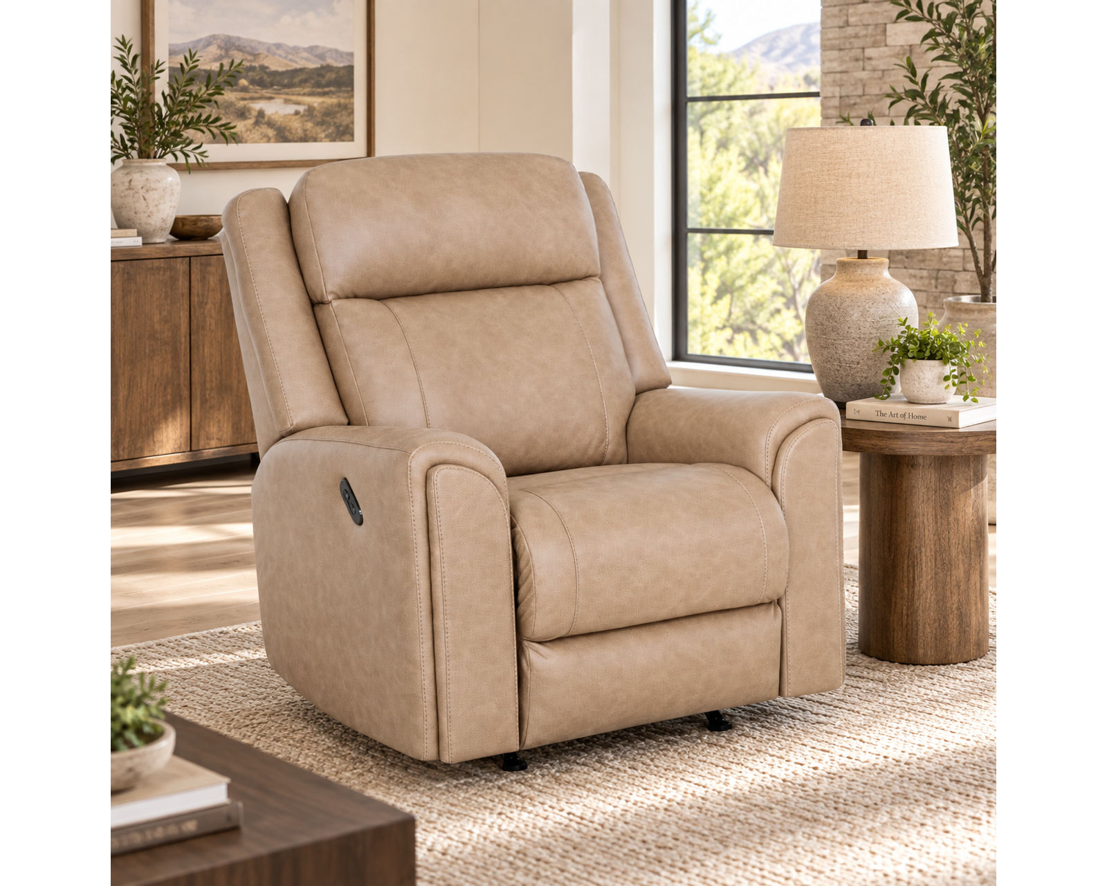 Parker 91" Reclining Sofa with Drop-Down Table & Cupholders (Refined Style. Personalized Comfort. Available Neori™ Air Massage) - Shown in Durable Leather Like Fabric Sand