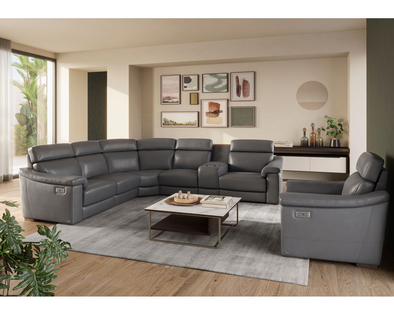 Giulivo C115 Power Headrest Power Reclining Sectional (+50 leathers) - Add the Giulivo Entertainment Console to Any Sectional