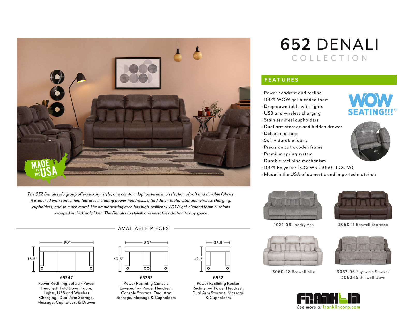 Denali 90" Power Reclining Sofa with Fold Down Table, Lights, USB, Wireless Charging, Dual Arm Storage, Massage, Cupholders & Drawer (+3 colors)