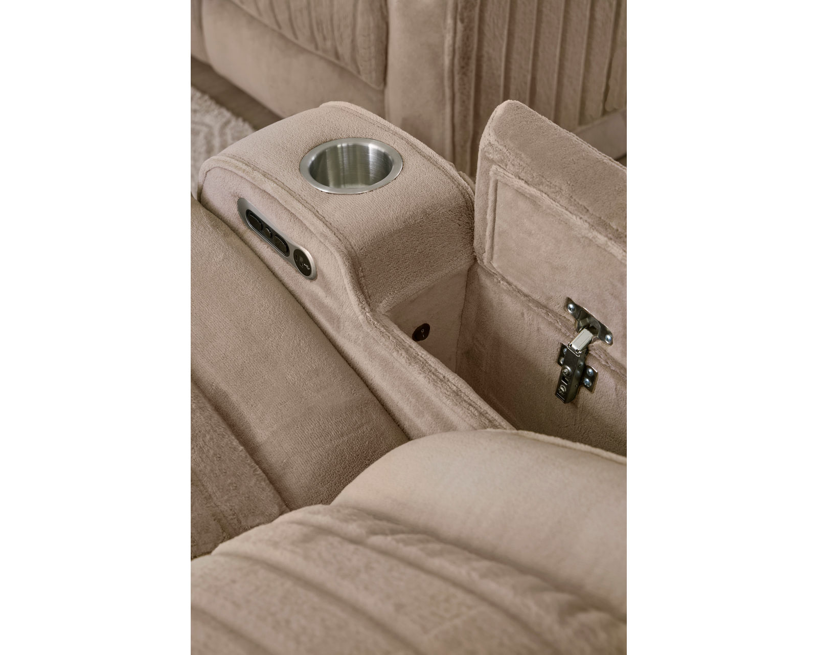 Equinox 85" Power Headrest Power Reclining Sofa w/ Drop Down Table Mushroom (In stock - Fast Shipping - In arm open storage