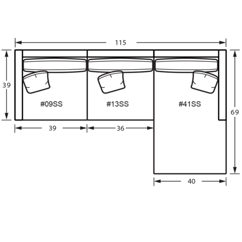 Layout B: Three Piece Sectional 115" x 69"