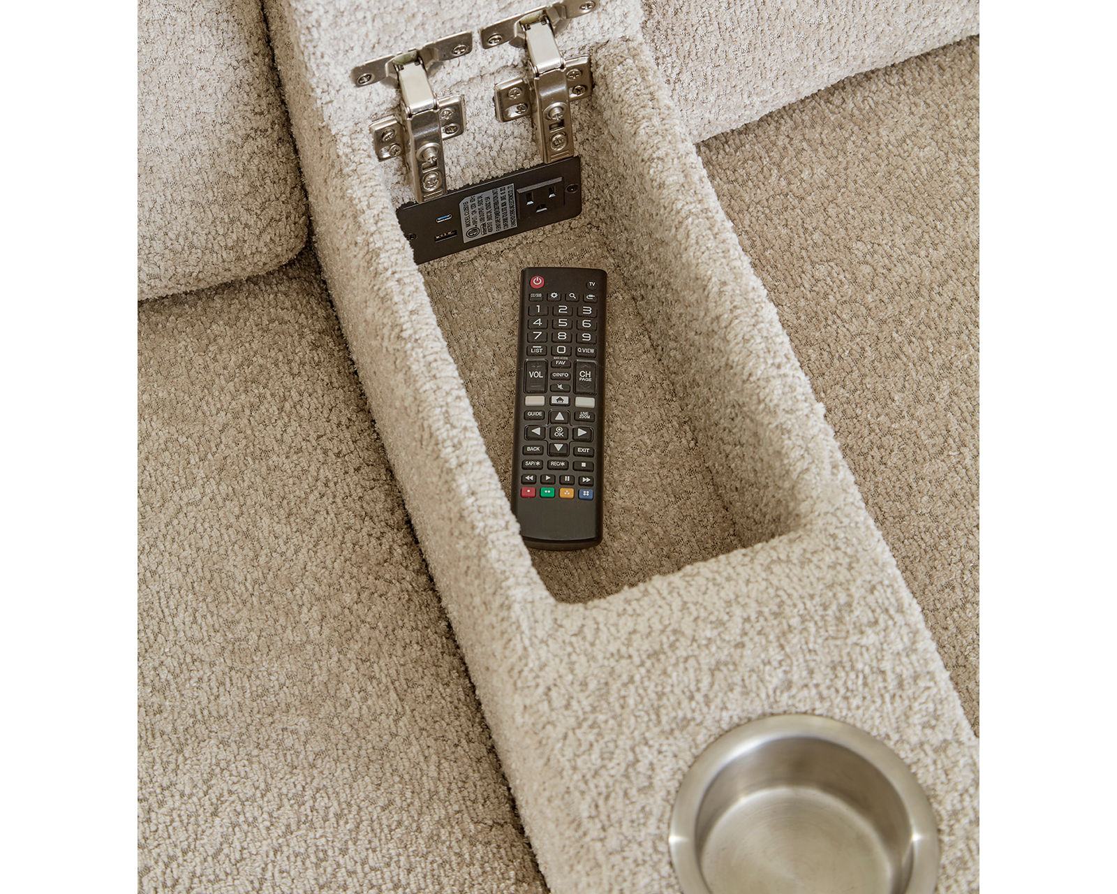 Modesto Power Headrest Power Reclining Fabric Sofa (In stock - Fast Shipping) - Entertainment console features power, USB, storage and cupholdeer