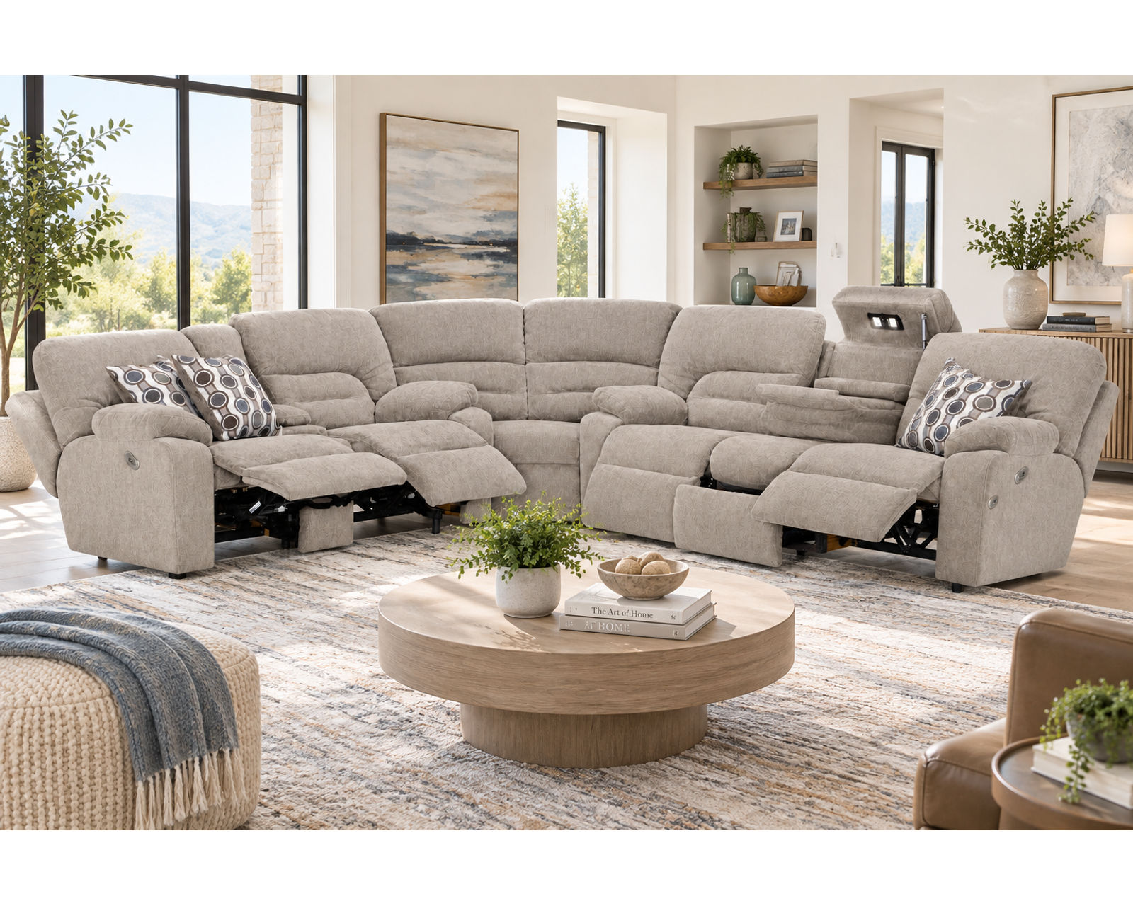 Tribute 797 Three-Piece Dual Power Reclining Sectional Stone (center drop-down table - built-in reading lights, stainless-steel cupholders, USB charging and wireless charging - drop down table) - Shown in a Durable Long Wearing Polyester Fabric Stone