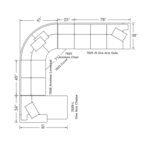 Layout K: Five Piece Sectional (One Arm Chaise Left Side) 130" x 150")