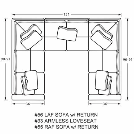 Layout H: Three Piece Sectional 90" x 121" x 90"