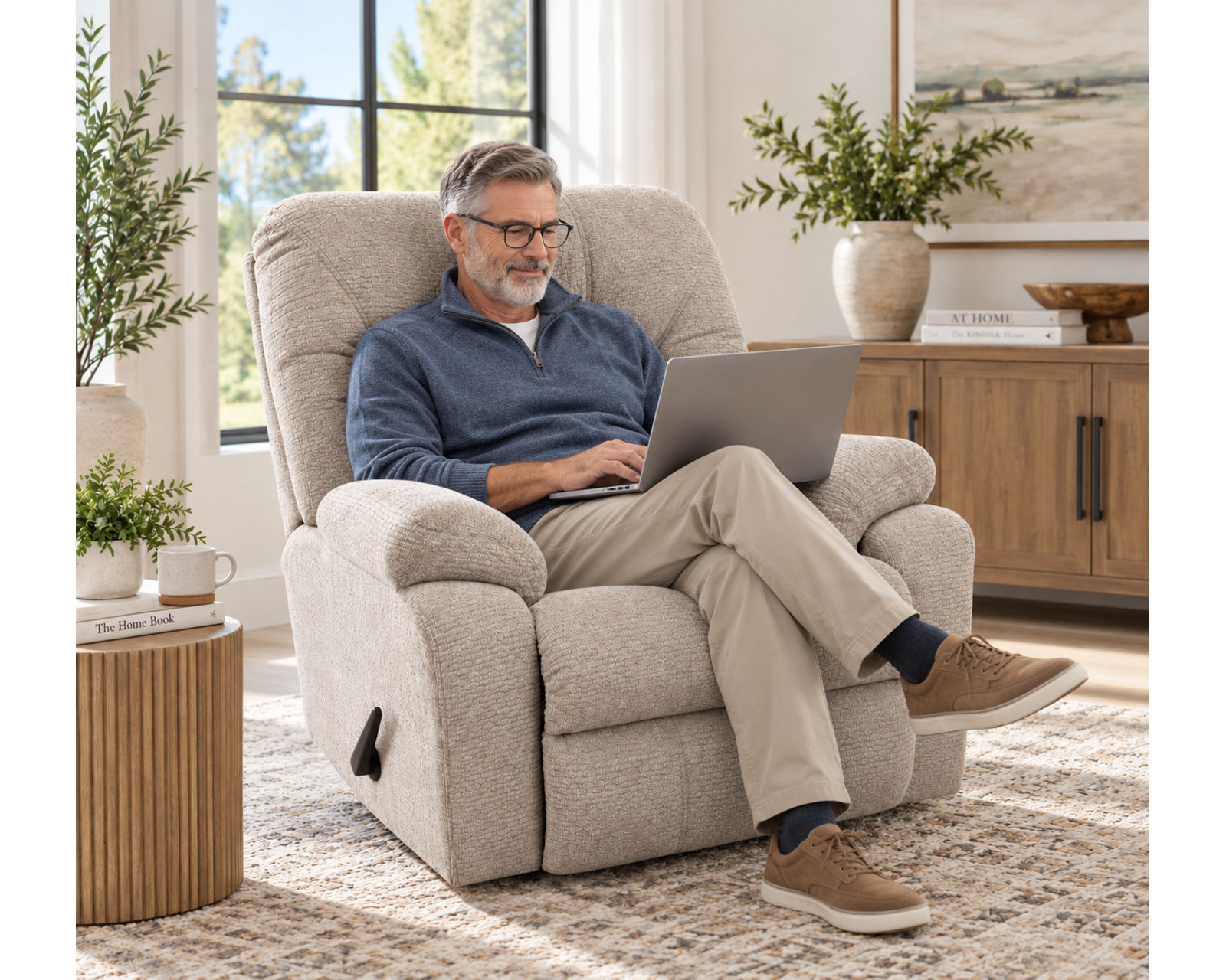 Tribute 90" Power Headrest Power Reclining Sofa Stone (center drop-down table - built-in reading lights, stainless-steel cupholders, USB charging and wireless charging - drop down table) - Superior Motion. Franklin Comfort.