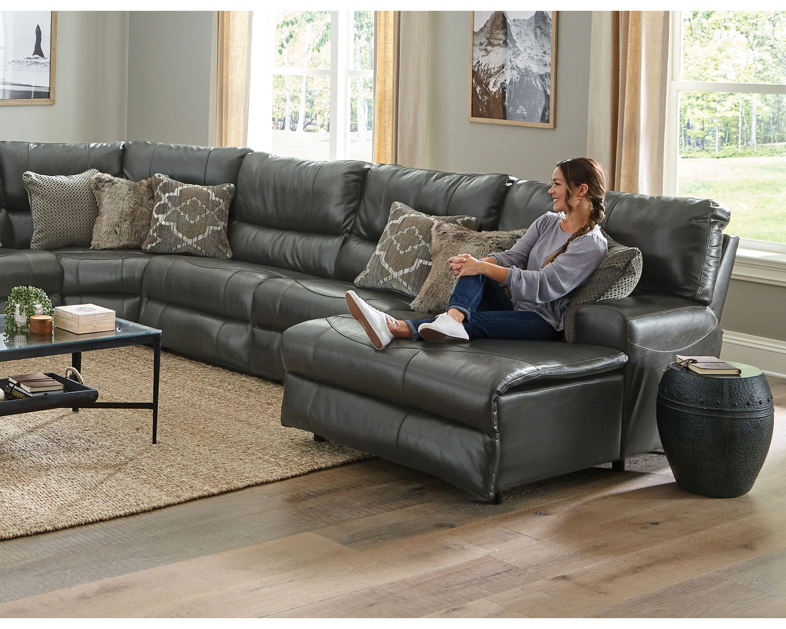 Como Lay Flat Modular Reclining Leather Sectional (2 colors) - Leather Chaise Lounge