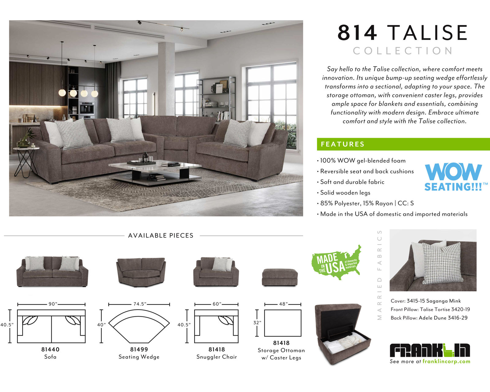 Talise 3 Piece Sectional (Includes pillows)