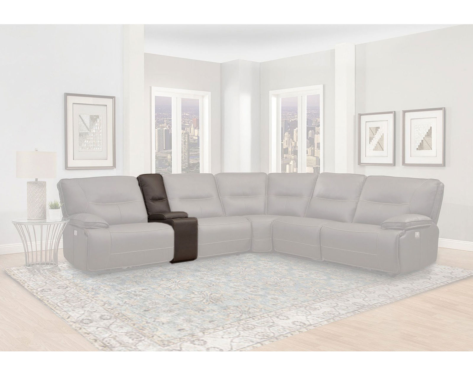 Spartacus Power Headrest Power Reclining Sectional Chocolate (Leather like fabric) In stock - Fast shipping - Entertainment Console