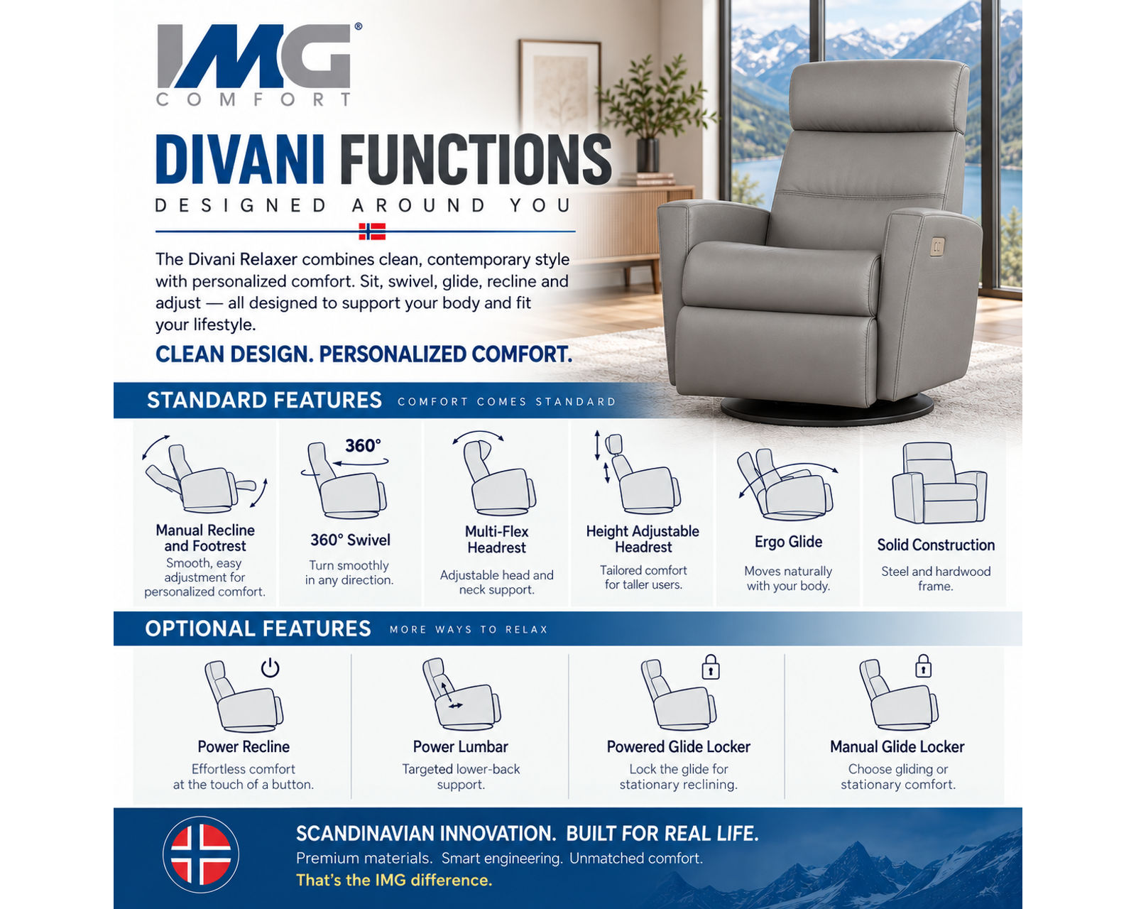 Divani Swivel Glider Relaxer Recliner Cinder (Scandinavian Comfort That Moves With You) IN STOCK - Scandinavian Quality. Surprisingly Smart Price.