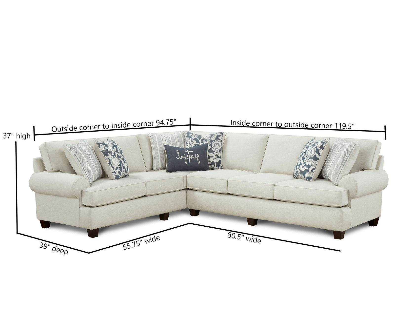 Awesome Oatmeal Two Piece Sectional (performance fabric) 120" x 95"  - Dimensions