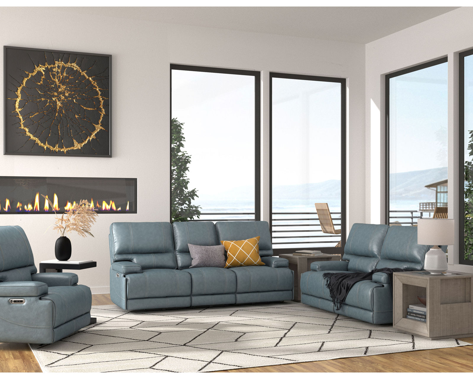 Whitman 89" FreeMotion Cordless Power Reclining Sofa (Battery Operated) Azure (In stock - Fast shipping) - 100% Genuine Top Grain Leather Everywhere Your Body Touches