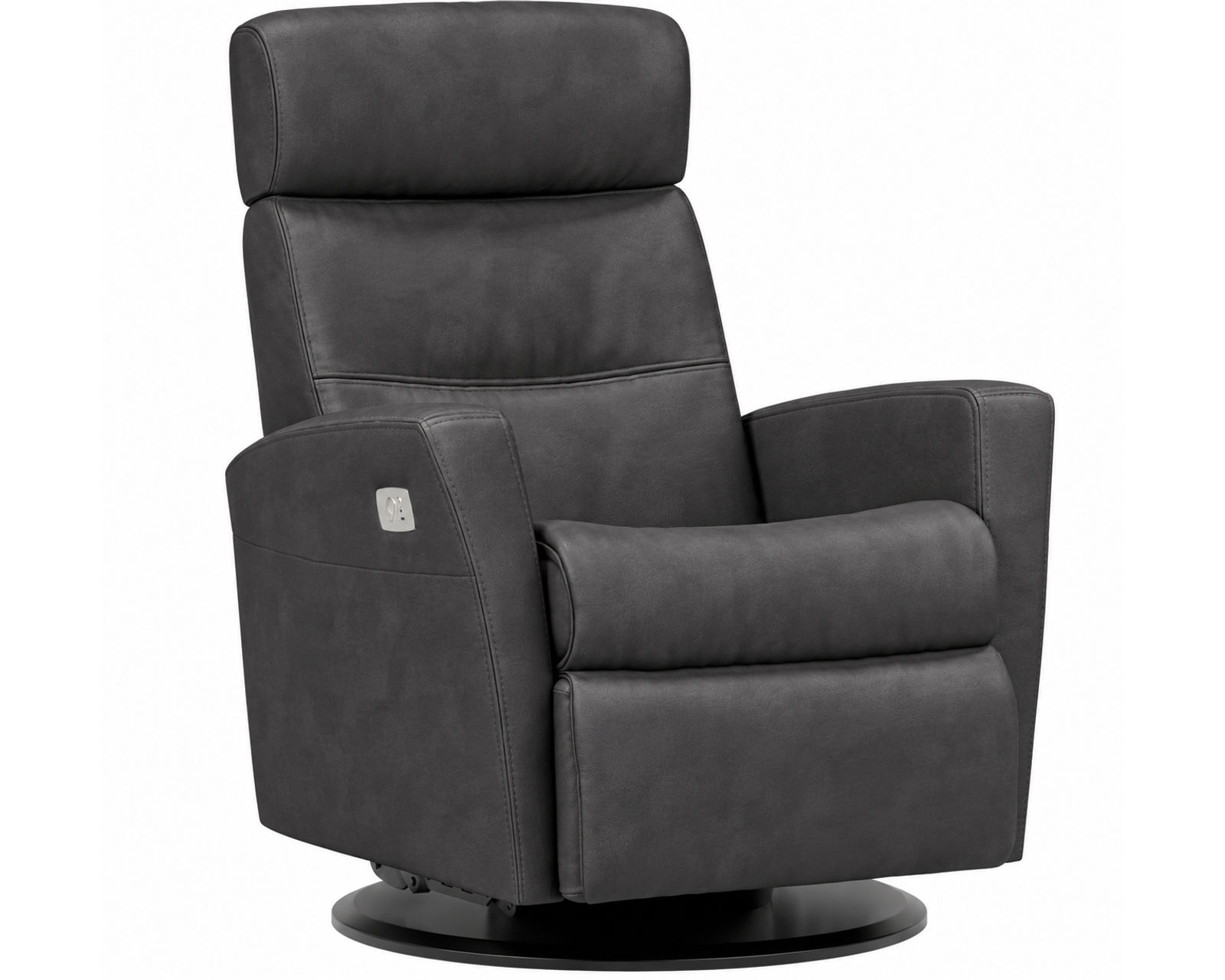 Divani Swivel Glider Relaxer Recliner Cinder (Scandinavian Comfort That Moves With You) IN STOCK - Shown in Top Grain Leather Color Sauvage Charcoal