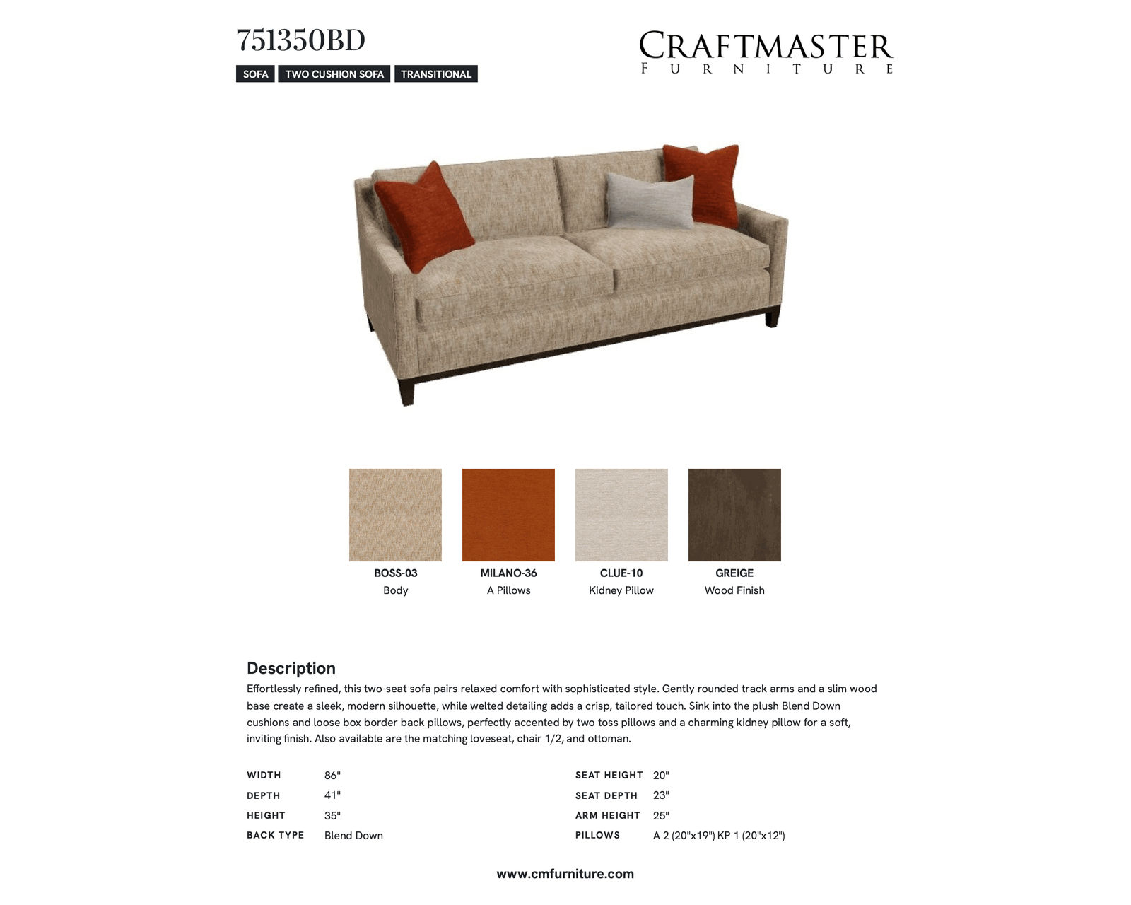 Axion 7513 Sofa (86") +100 performance fabrics - Specifications