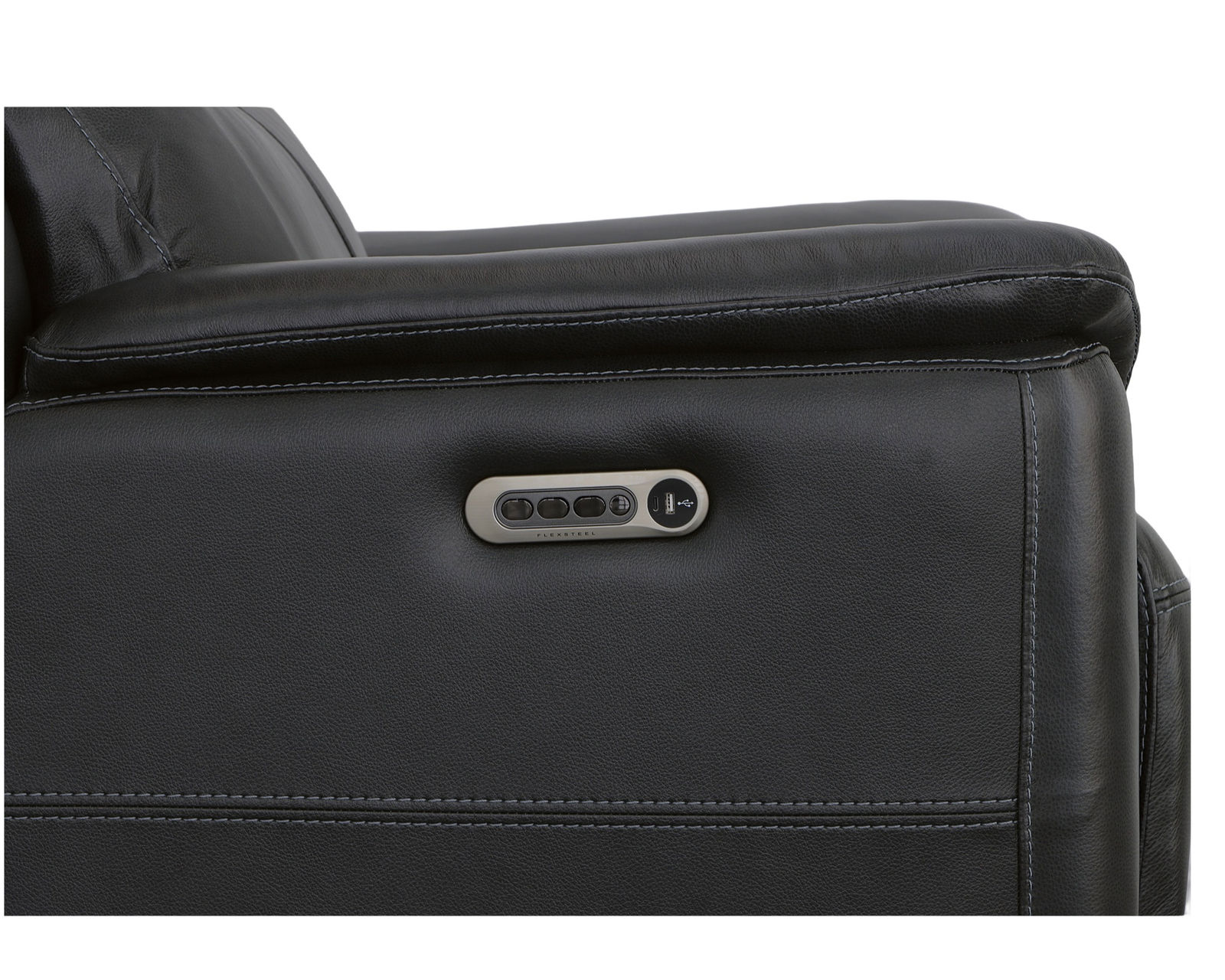 Crew Power Reclining Loveseat with Console, Power Headrests & Lumbar (Black leather) in stock - Three independent buttons control power recline - power headrest and power lumbar with USB charging