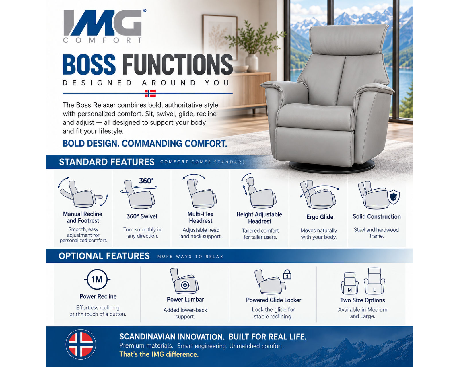 Boss Swivel Glider Relaxer Recliner Cinder (Big Comfort. Bold Scandinavian Design. In stock) - The Comfort You Want. The Quality You Expect. The Price You'll Love.