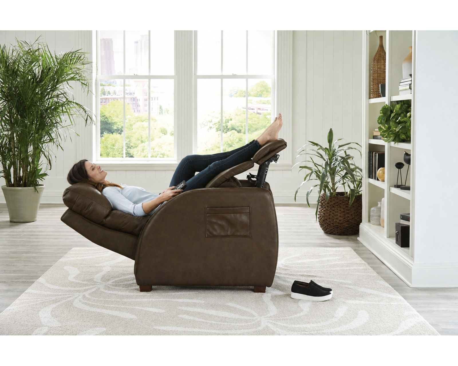Relaxer Power Headrest Power Recliner with CR3 Massage, Heat, Power Lumbar & Zero Gravity Loaded with Wellness Technology (two colors) - Shown in Leather Like Fabric Bark