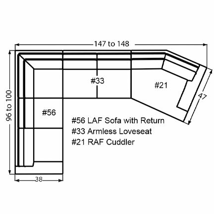 Layout M: Three Piece Sectional 96" x 147" x 47" (Size varies due to arm selection)