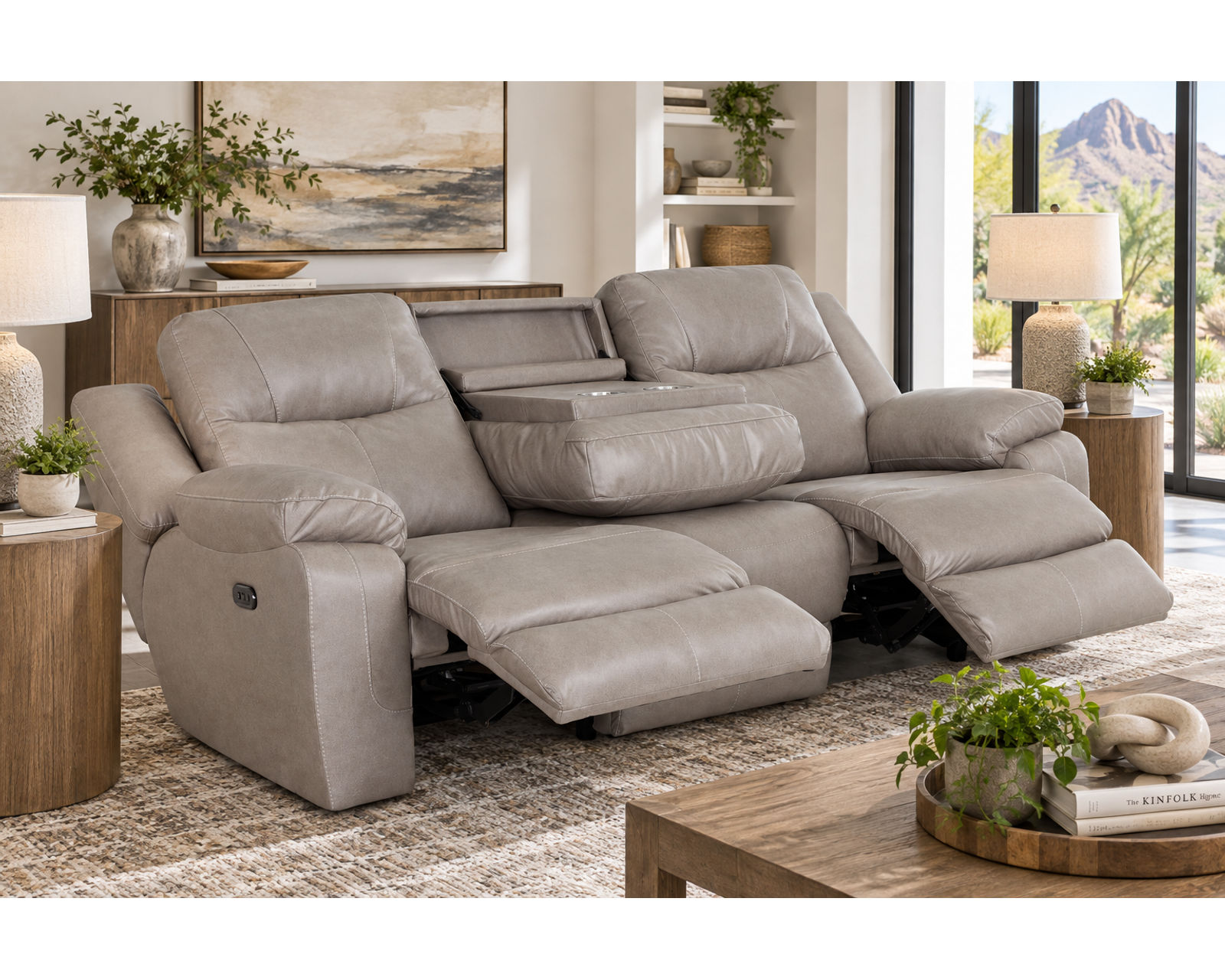 Culver 90" Reclining Sofa with Drop-Down Table & Cupholders Sterling (Leather-Look Style. Plush Comfort. Designed Around the Way You Relax) - Shown in Durable Leather Like Fabric Color Sterling