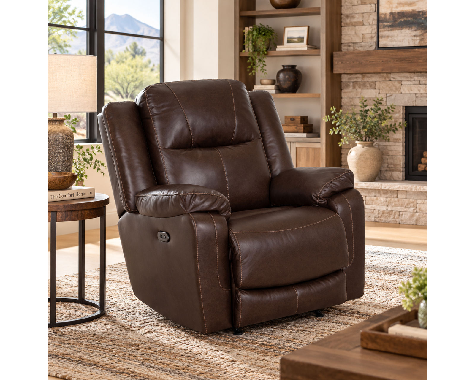 Culver 90" Reclining Sofa with Drop-Down Table & Cupholders (Leather-Look Style. Plush Comfort. Designed Around the Way You Relax) - Shown in Durable Leather Like Fabric Color Espresso
