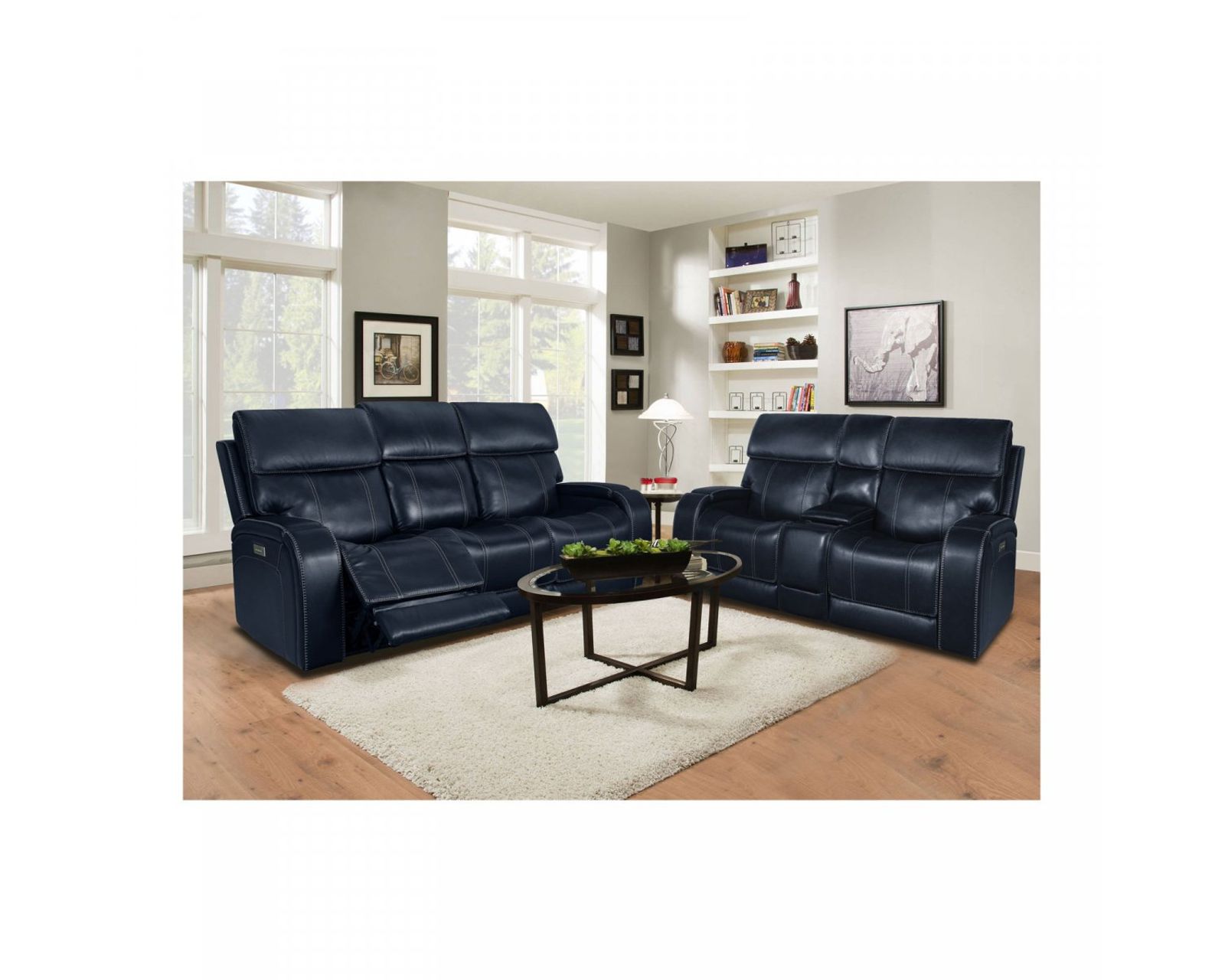 Glenwood 88" Leather Sofa w/Power Recline, Power Head Rests & Power Lumbar (Lay Flat) Ocean (In stock)