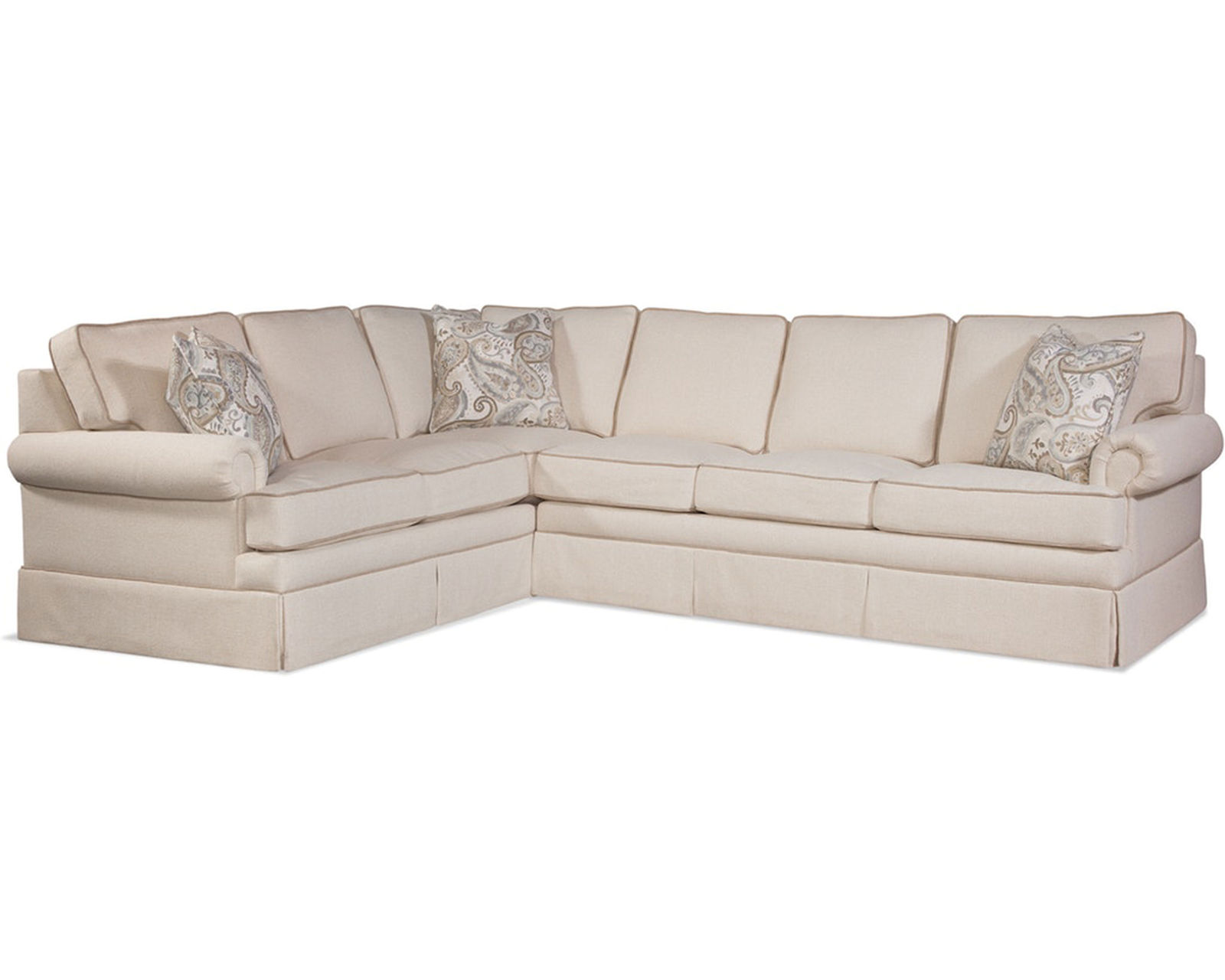 Bradbury 6116 Skirted Stationary Sectional (Fabric choices) - Sectional Layout: A - Shown in fabric 862-93 and contrast welt 856-93 with pillow fabric 570-84.