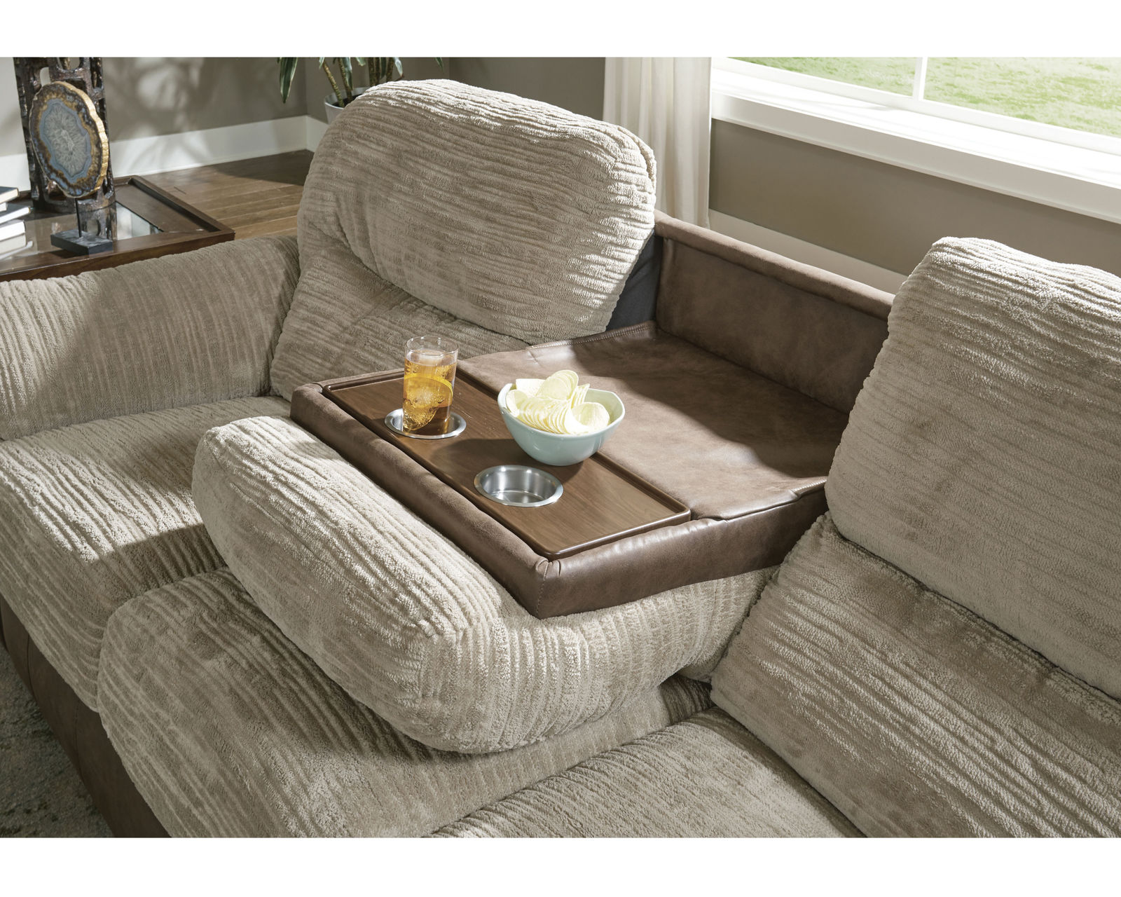 McMahon 96" Sofa with Drop Down Table (two tone polyester fabric) - Jackson McMahon 96" Sofa with Drop Down Table