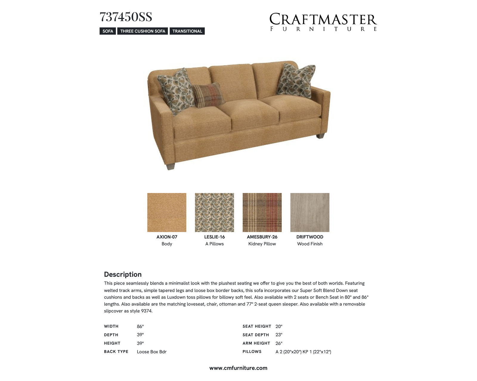 Sydney 7374 Sofa (86") +100 performance fabrics - Specifications