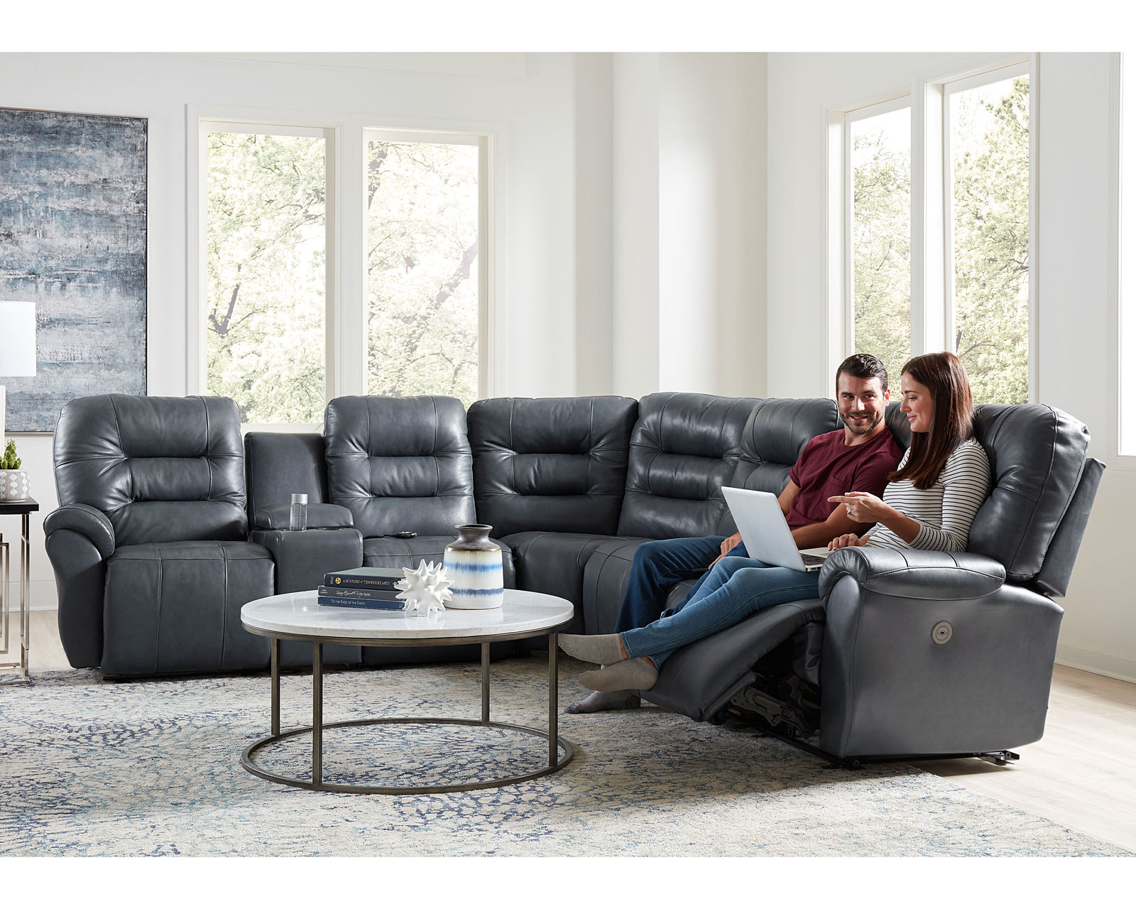 Unity Leather Reclining Sectional (+40 leathers) - Layout E: Seven Piece Reclining Sectional 112" x 121" (3 recliners)