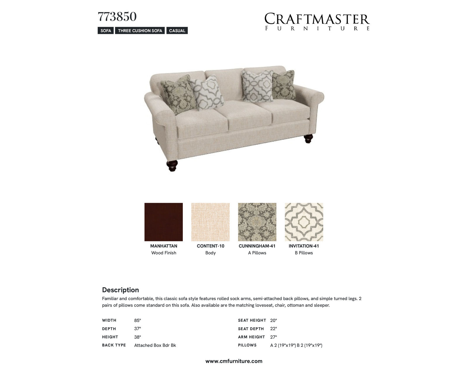 Delilah 7738 Sofa (85") - IN STOCK - Specification Sheet