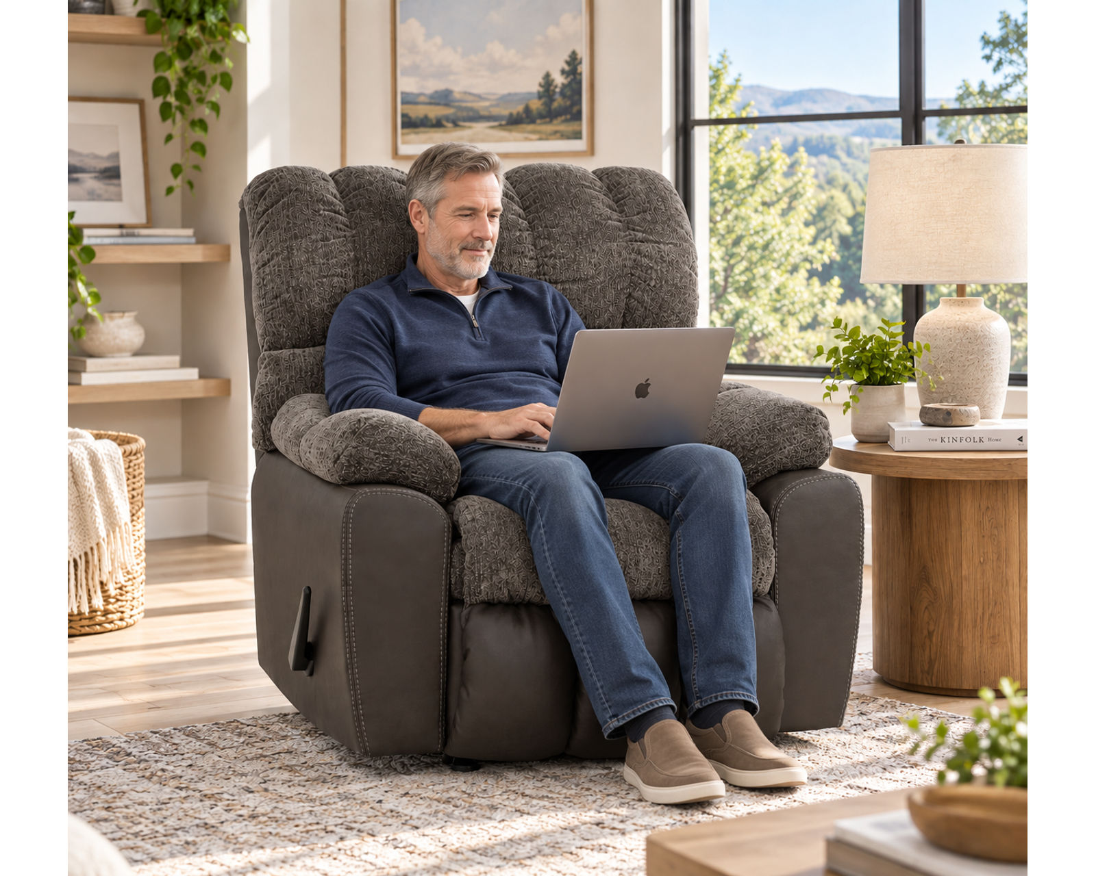Westwood 88.5" Reclining Sofa with Drop-Down Table, Reading Lights, Cupholders & Storage Drawer (Movie-Night Comfort. Entertainment Built Right In) - Two Tone Leather Like Fabric/Fabric Combination