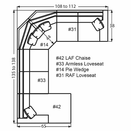 Layout R: Four Piece Sectional 65" x 135" x 108" (Size varies due to arm selection)
