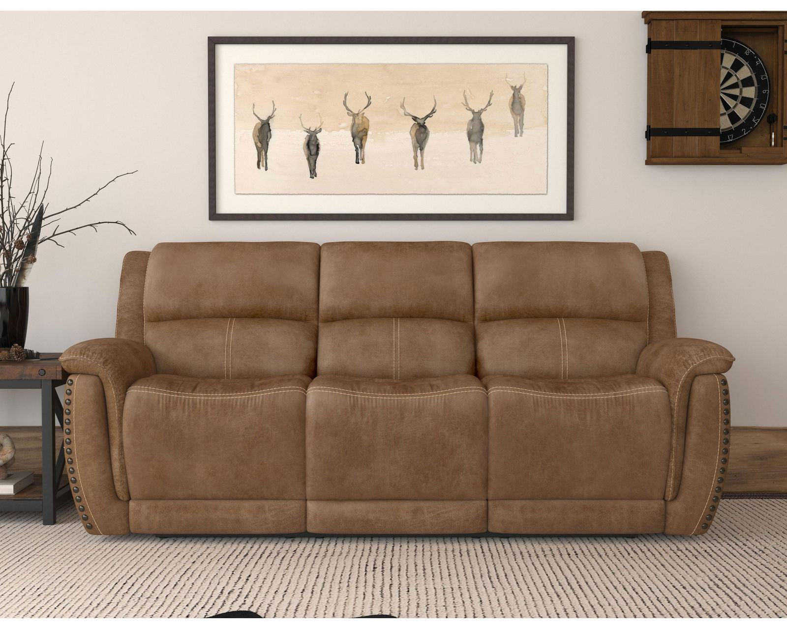 Beau 1011 Power Headrest Power Reclining Sofa (Caramel faux leather fabric) 89" - in stock - Beau Power Reclining Sofa with Power Headrests