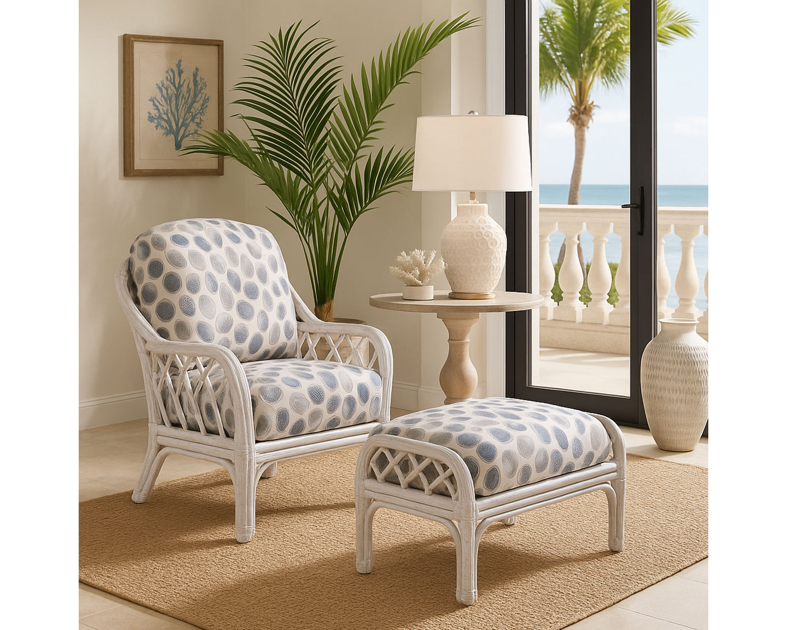 Edgewater 79" Rattan Sofa (+28 finishes +69 fabrics) - Edgewater Rattan Chair and Ottoman