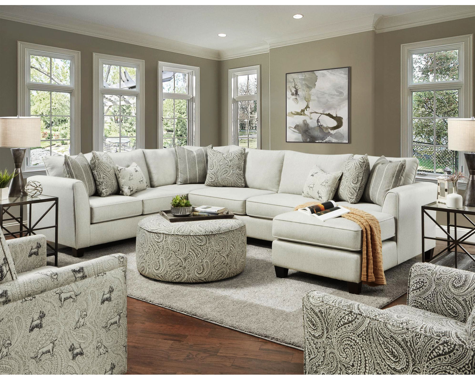 Homecoming Stone Three Piece Chaise Sectional (performance fabric) 96" x 140" - Entire room available and on sale