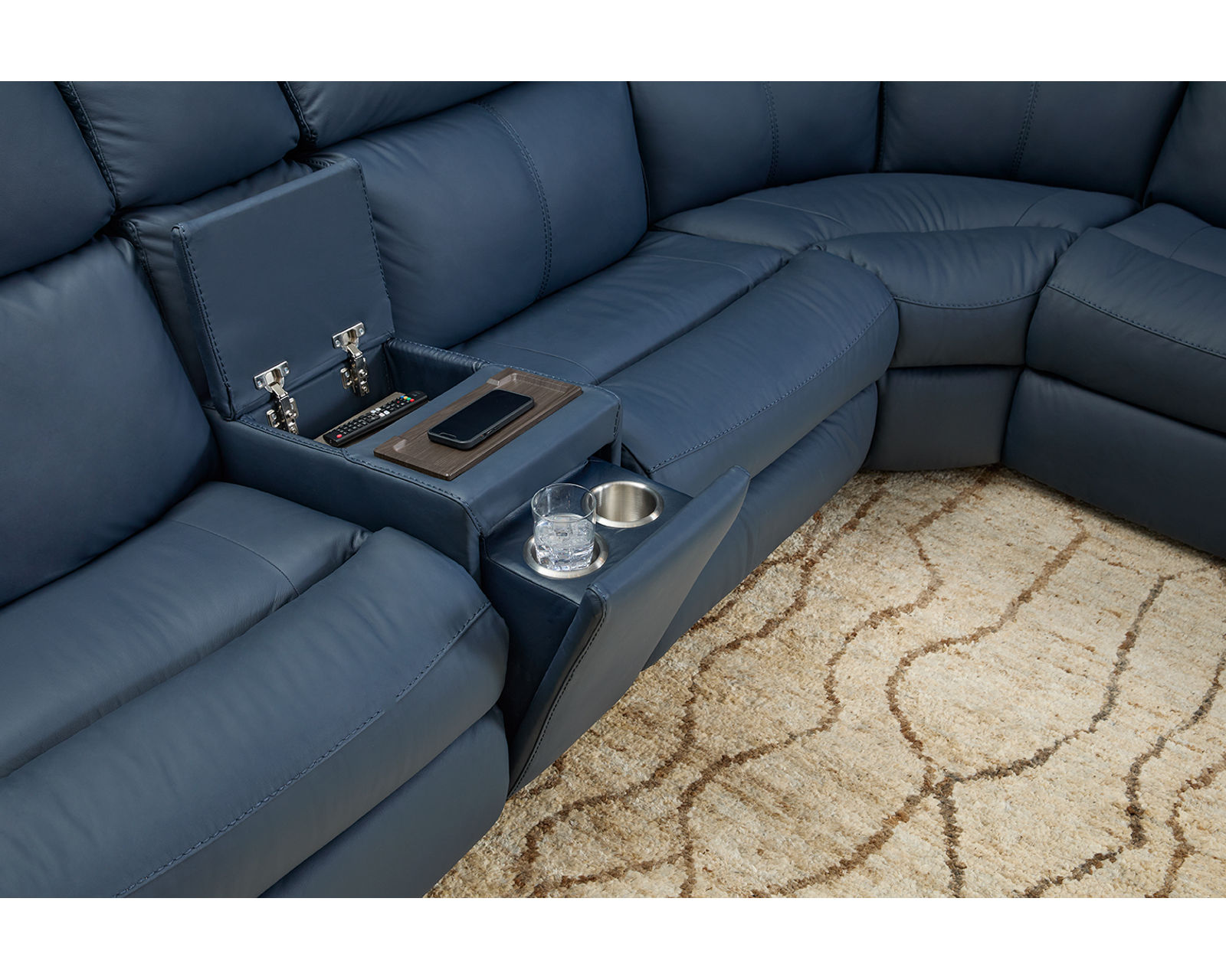 Porter Triple Power Zero Gravity Reclining Sectional (+15 leathers) - Entertainment console features storage, wireless charging and pop-out cupholders