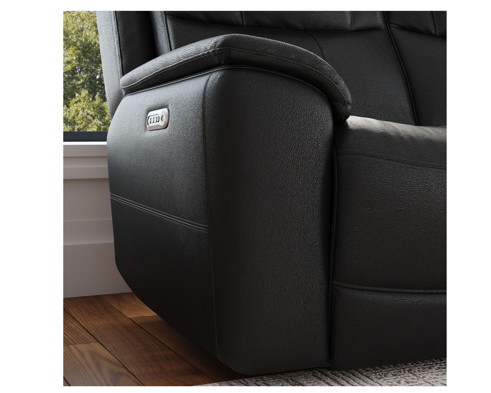 Crew Power Reclining Loveseat with Console, Power Headrests & Lumbar (Black leather) in stock - Three independent buttons control power recline - power headrest and power lumbar with USB charging