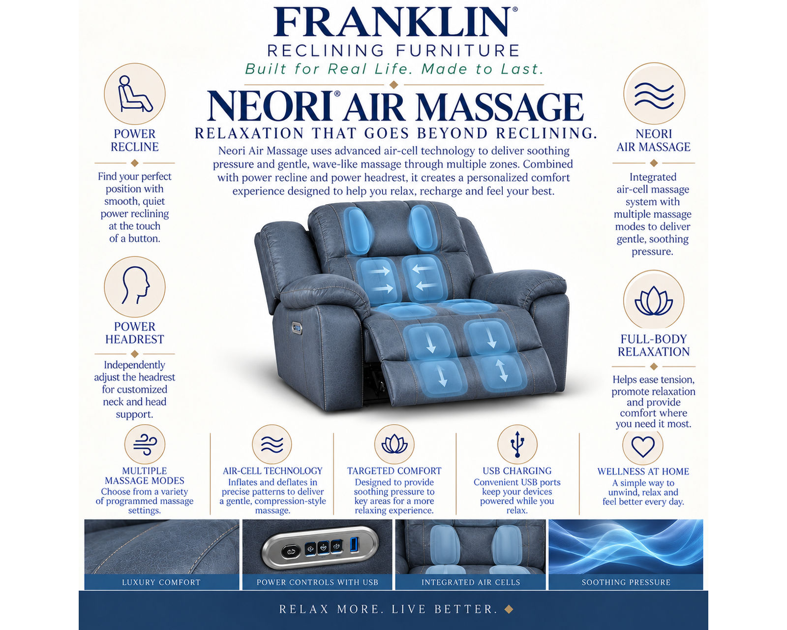 Parker 91" Reclining Sofa with Drop-Down Table & Cupholders (Refined Style. Personalized Comfort. Available Neori™ Air Massage) - Neori Deluxe Air Massage Available