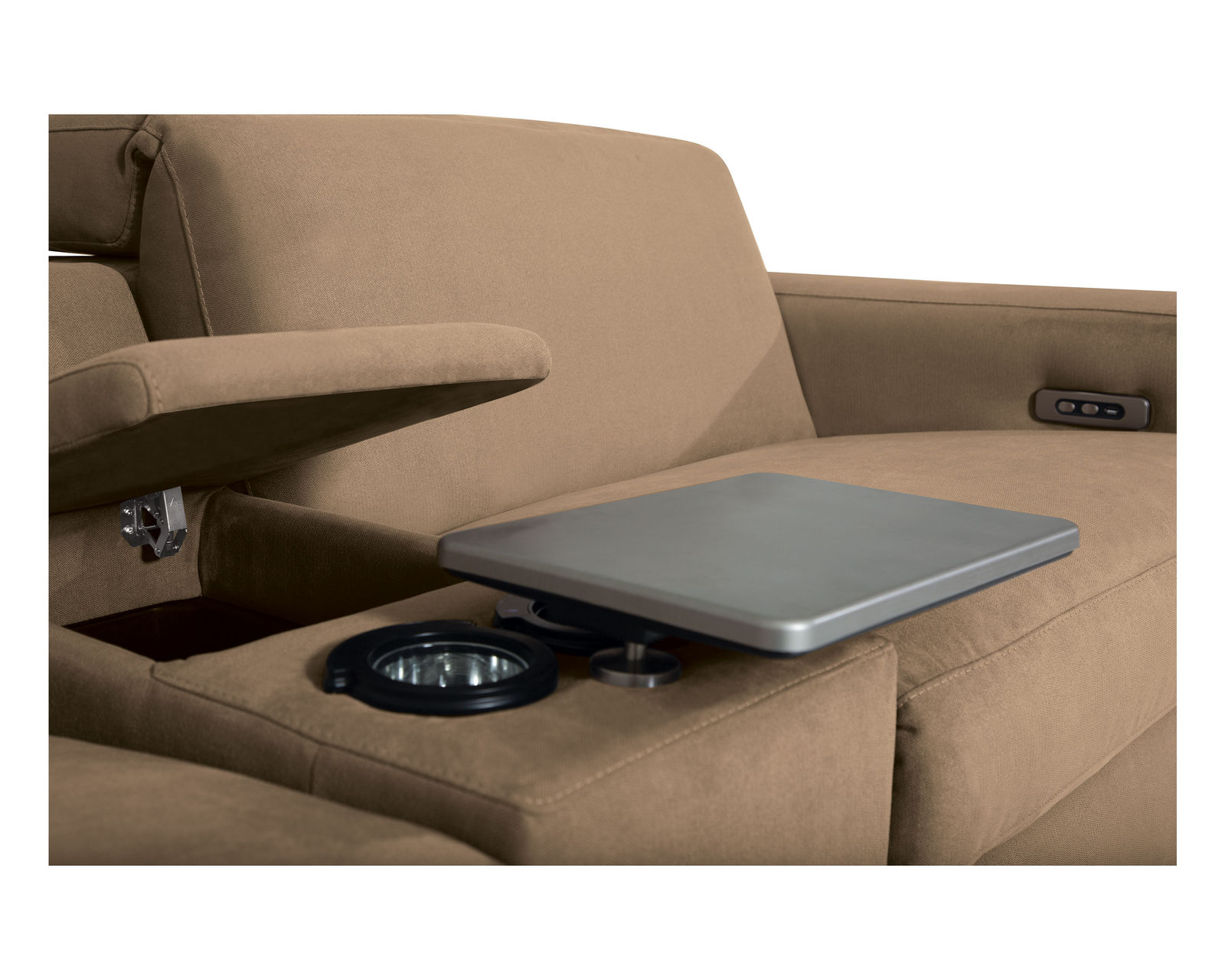 Titan 44004 Power Headrest Power Reclining Sectional (+50 fabrics) - Titan Storage Entertainment Console w/ Cupholders & Wireless Charging