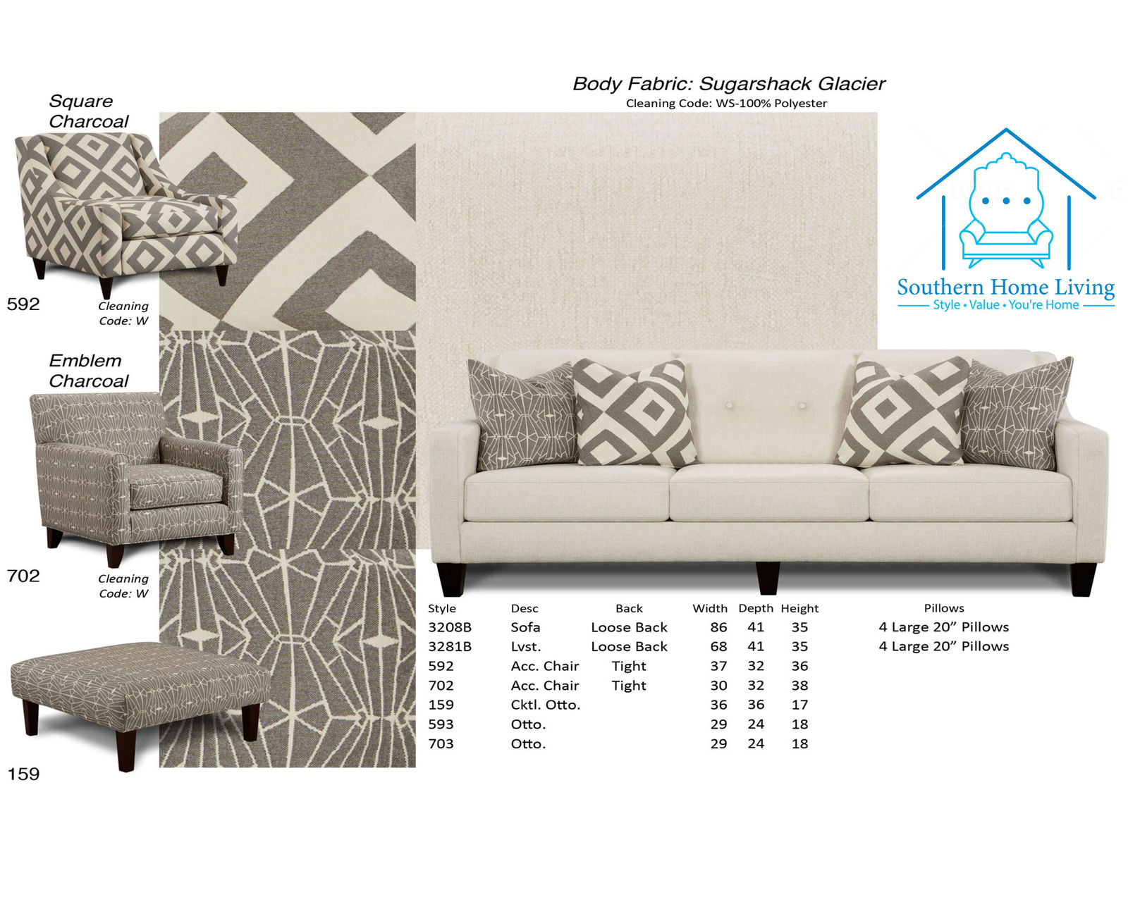 Sugarshack Glacier 4 Piece Living Room (Includes sofa, 2 chairs and ottoman)