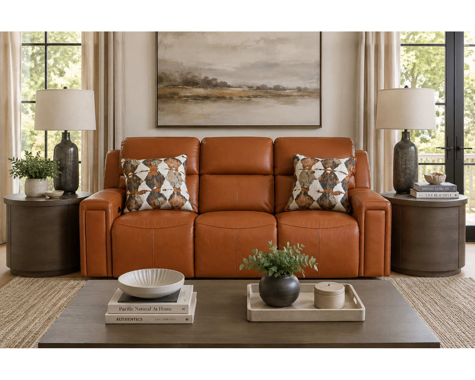 Arezzo 87" Zero Gravity Power Headrest Power Reclining Leather Sofa (2 colors) - Shown in Italian Leather Color Whiskey