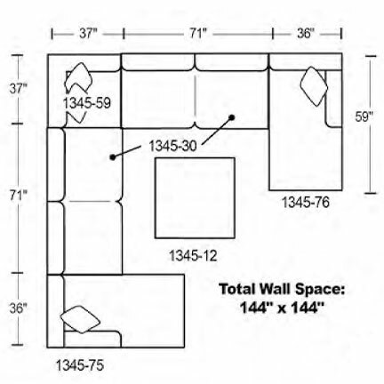 Layout E: Five Piece Double Chaise Sectional (Ottoman Available) 59" x 144" x 144" x 59"