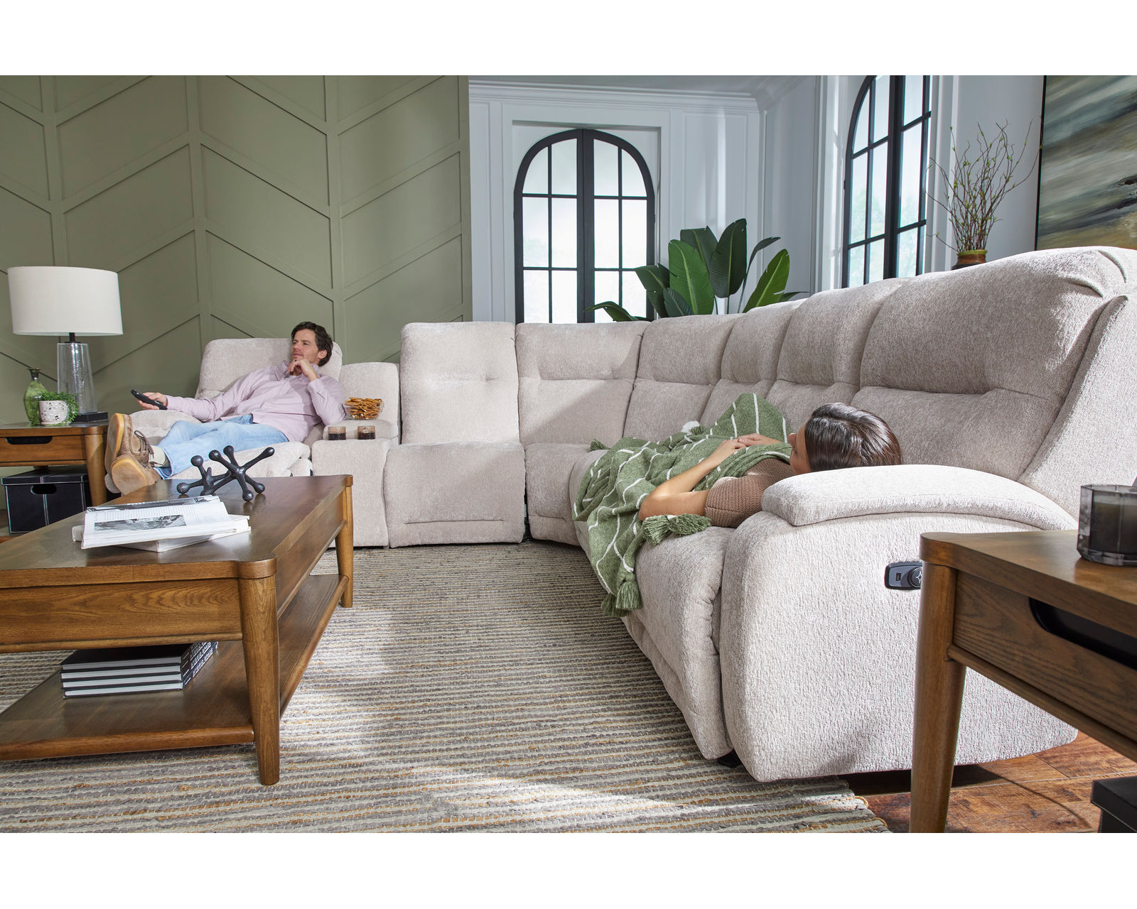 Maverly Reclining Sectional (+100 fabrics) - Layout F:  Seven Piece Reclining Sectional 114" x 125" or 125" x 114" (reversible) 3 recliners