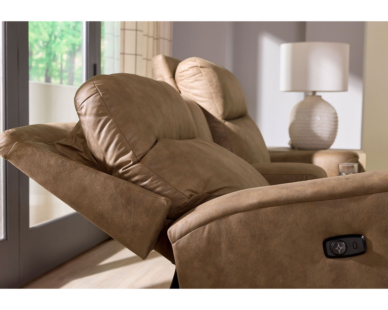 Derek Double Reclining Console Loveseat (+100 fabrics) - Shown with optional power headrest extended