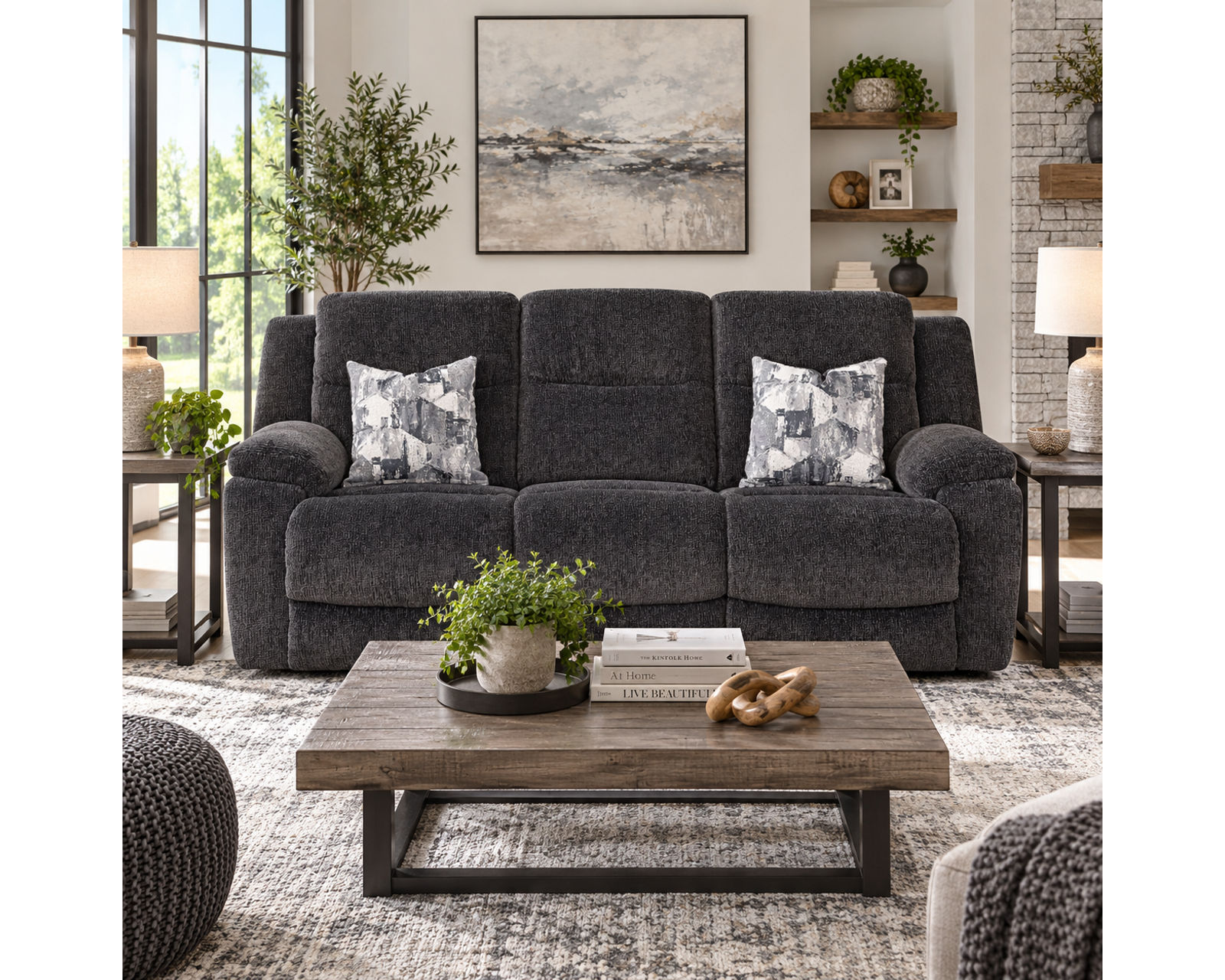 Heston 90" Reclining Sofa with Drop-Down Table & Cupholders Graphite  (Plush Comfort. Smart Convenience. Designed Around the Way You Relax) - Shown in Durable Polyester Color Graphite