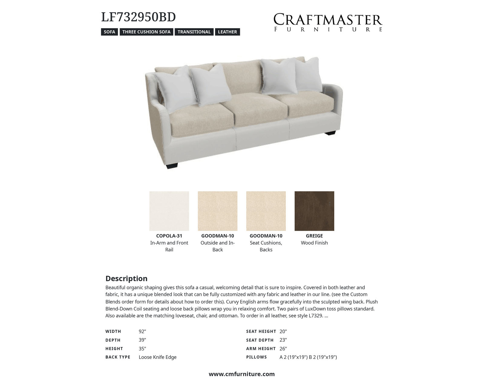 Alabaster LF7329 Leather and Fabric Sofa (92") - Specifications