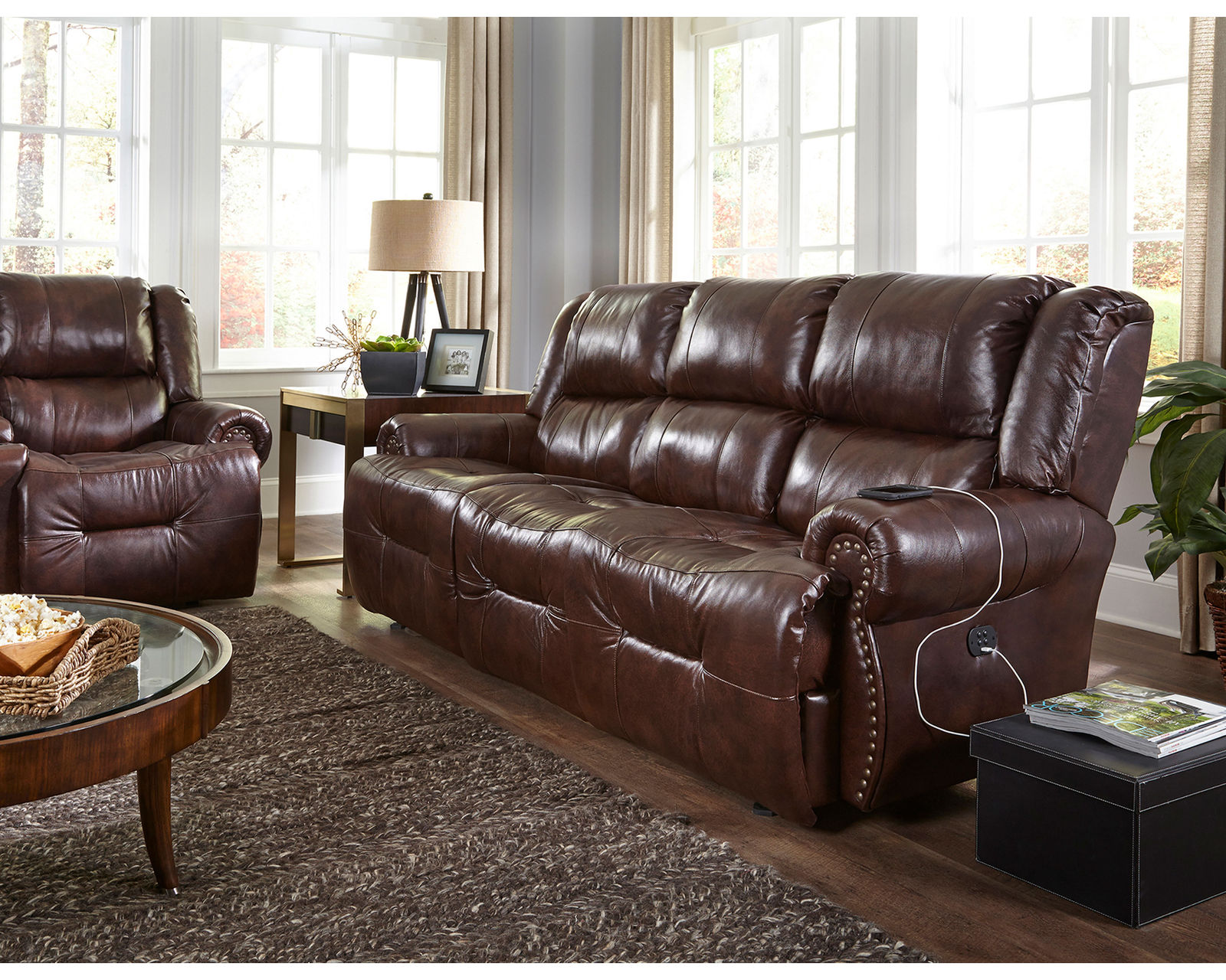 Genet Leather Double Reclining Sofa w/ Dropdown Table (+30 leathers) 85" - Genet Leather Double Reclining Sofa w/ Dropdown Table
