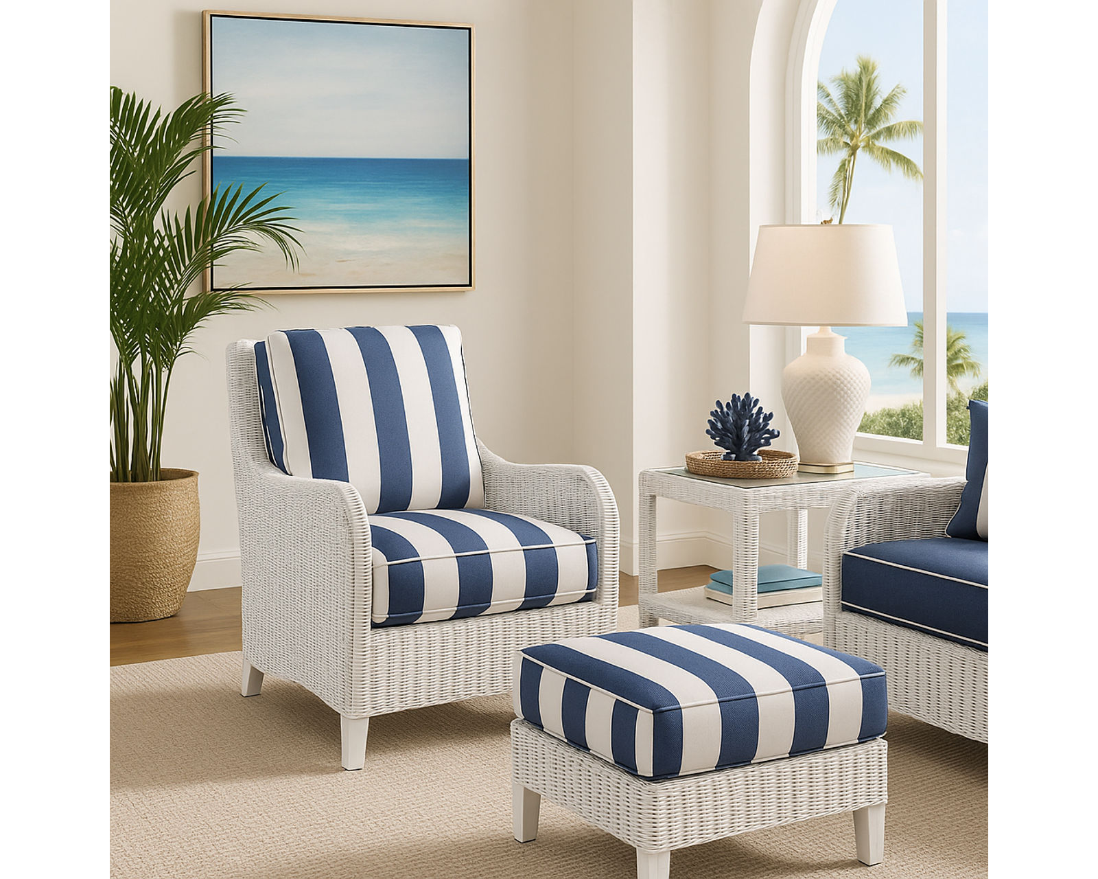 Gibraltar 75" Rattan Sofa Blue (+28 finishes - 69 fabrics) - Gibraltar Rattan Chair and Ottoman