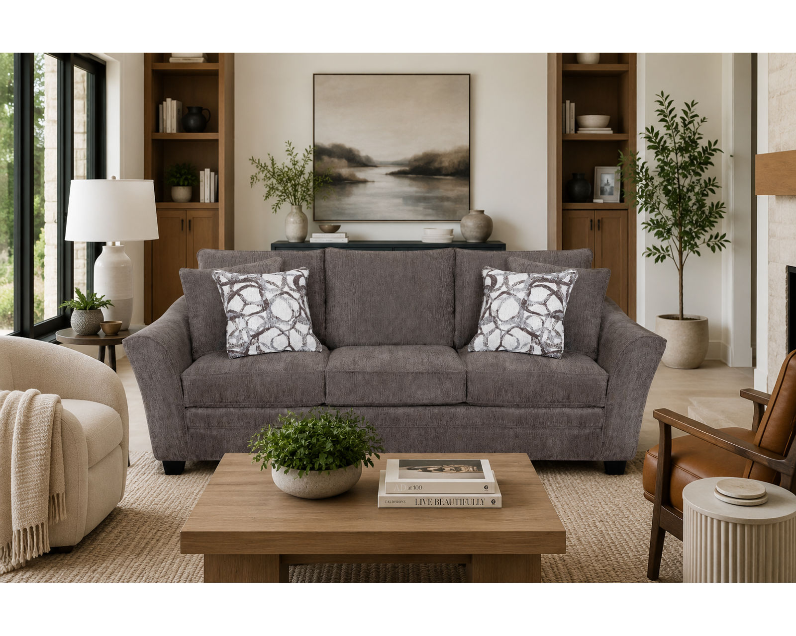Tiffani 99" Sofa (Sophisticated Simplicity. Spacious Comfort. Effortlessly Livable) - Shown in Durable Polyester Fabric Color Java